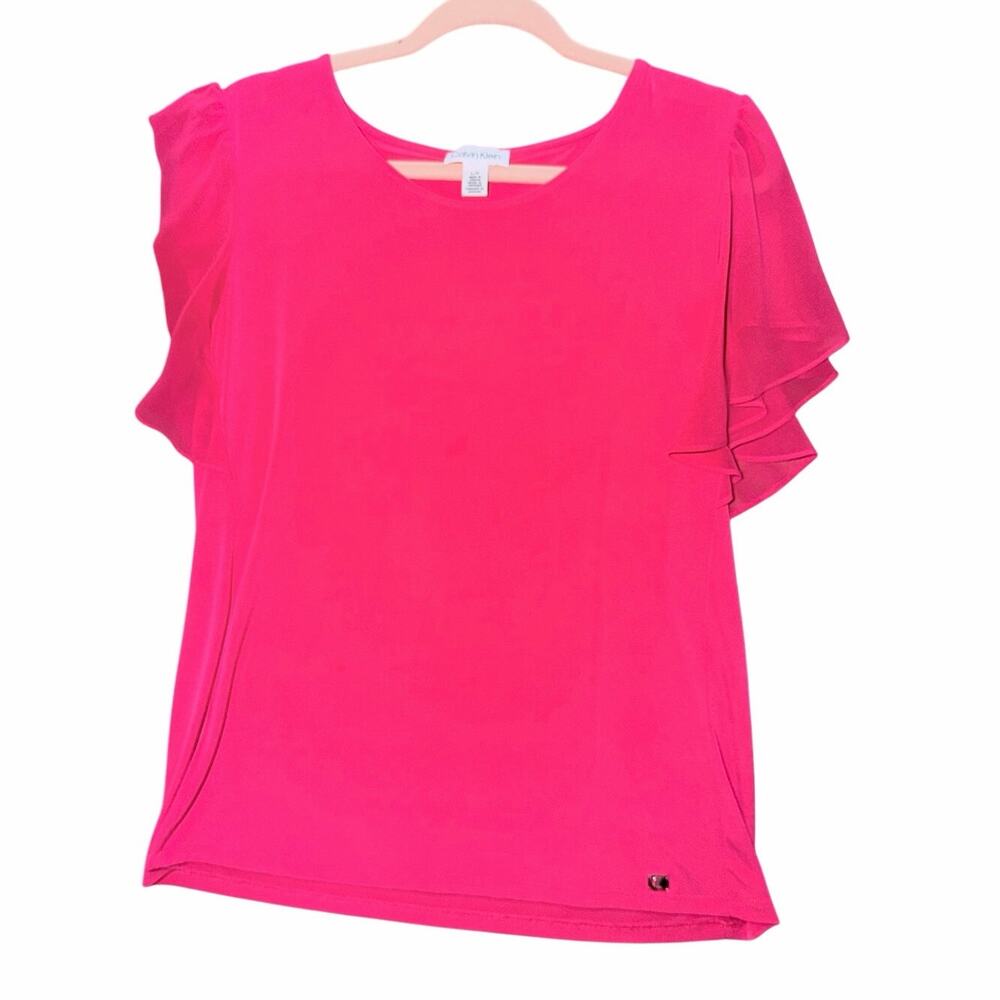 Calvin Klein hot pink flutter sleeve slinky knit blouse top large coquette cute